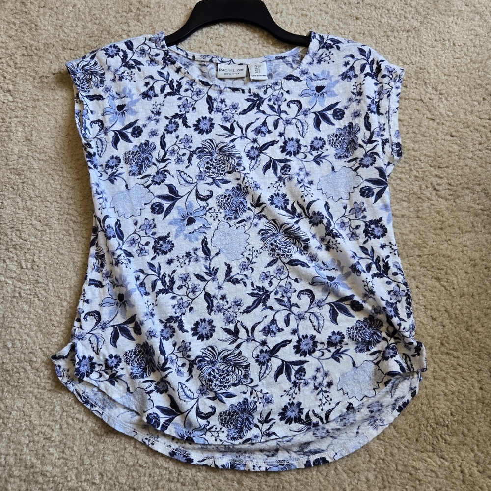 RACHEL ZOE blue and white floral linen top cap sleeves blouse sz Small girly